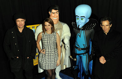 Actors Brad Pitt, Tina Fey and Ben Stiller with Megamind mascots premiere of Megamind November 3, 2010 in New York City